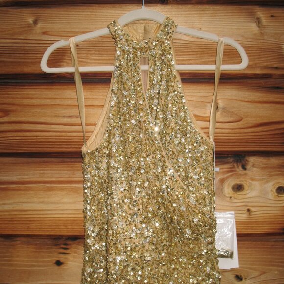 MAC DUGGAL 5760 Gold Sequined High Neck Keyhole Asymmetrical Dress - Picture 8 of 14